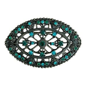 Vintage Art Deco Oval Brooch Pin Gold Tone Filigree Green Rhinestones 2.5 Inches